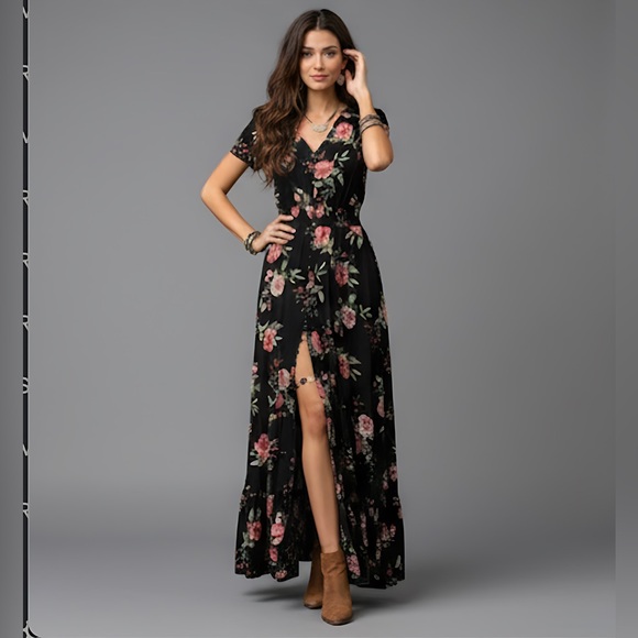 Black Boho Rose Floral Print Button Front Split Thigh Dress - Picture 7 of 14